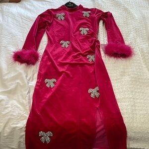 Pink Velvet Dress with Feather Cuffs